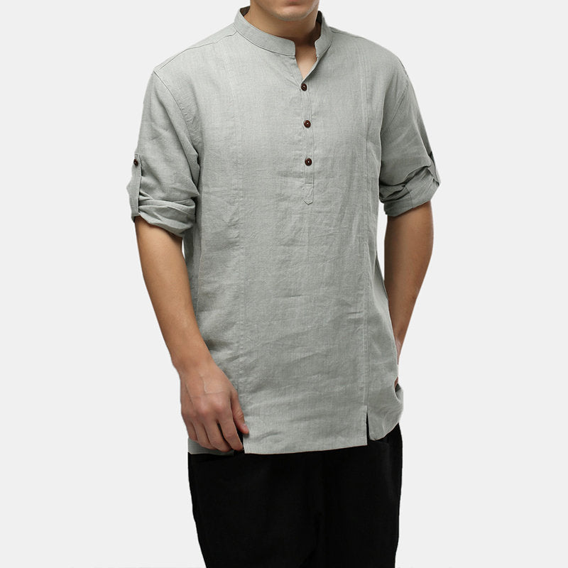 Mens 100% Cotton National Style Three-quarter Sleeve Plain Loose Henley Shirts