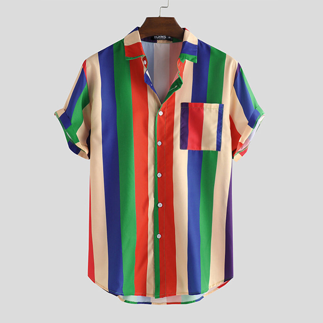 2021 spring and summer lapel single-breasted button plus pocket short-sleeved men's shirt