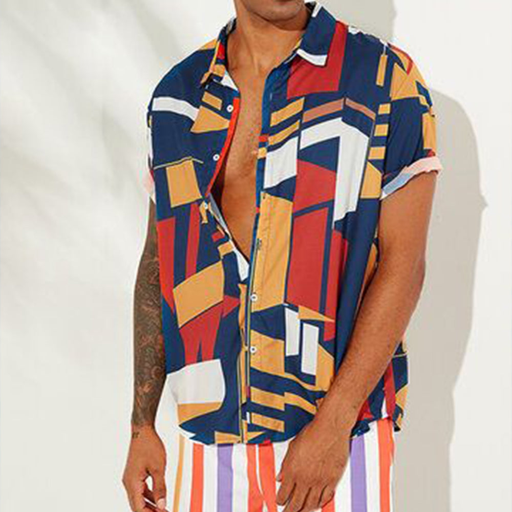 New contrast color geometric pattern printed shirt casual fashion short-sleeved shirt men