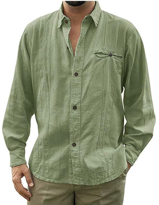 Men's solid color long-sleeved linen shirt lapel button cardigan shirt