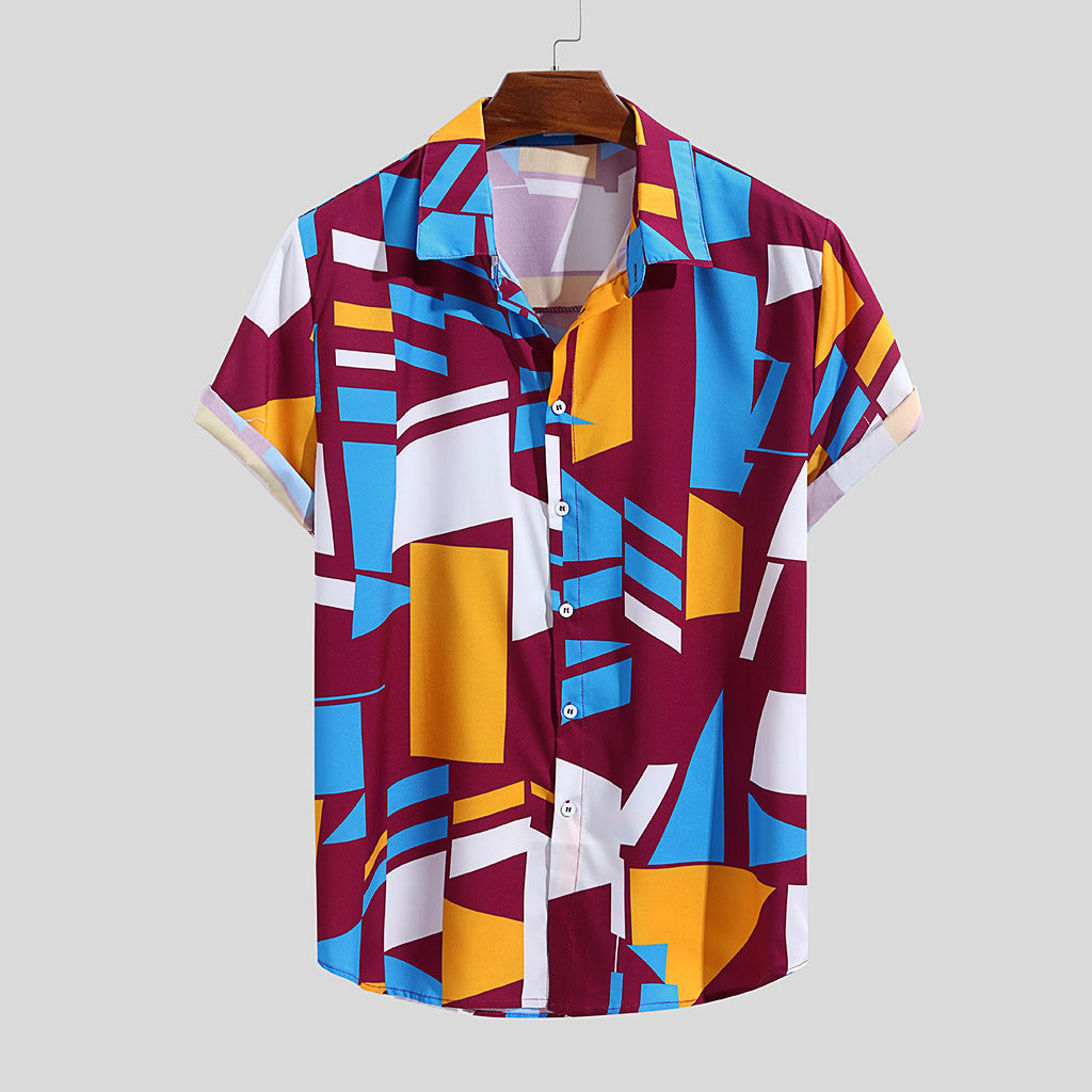 2021 men's printed short-sleeved holiday style seaside shirt men's plus size loose beach shirt