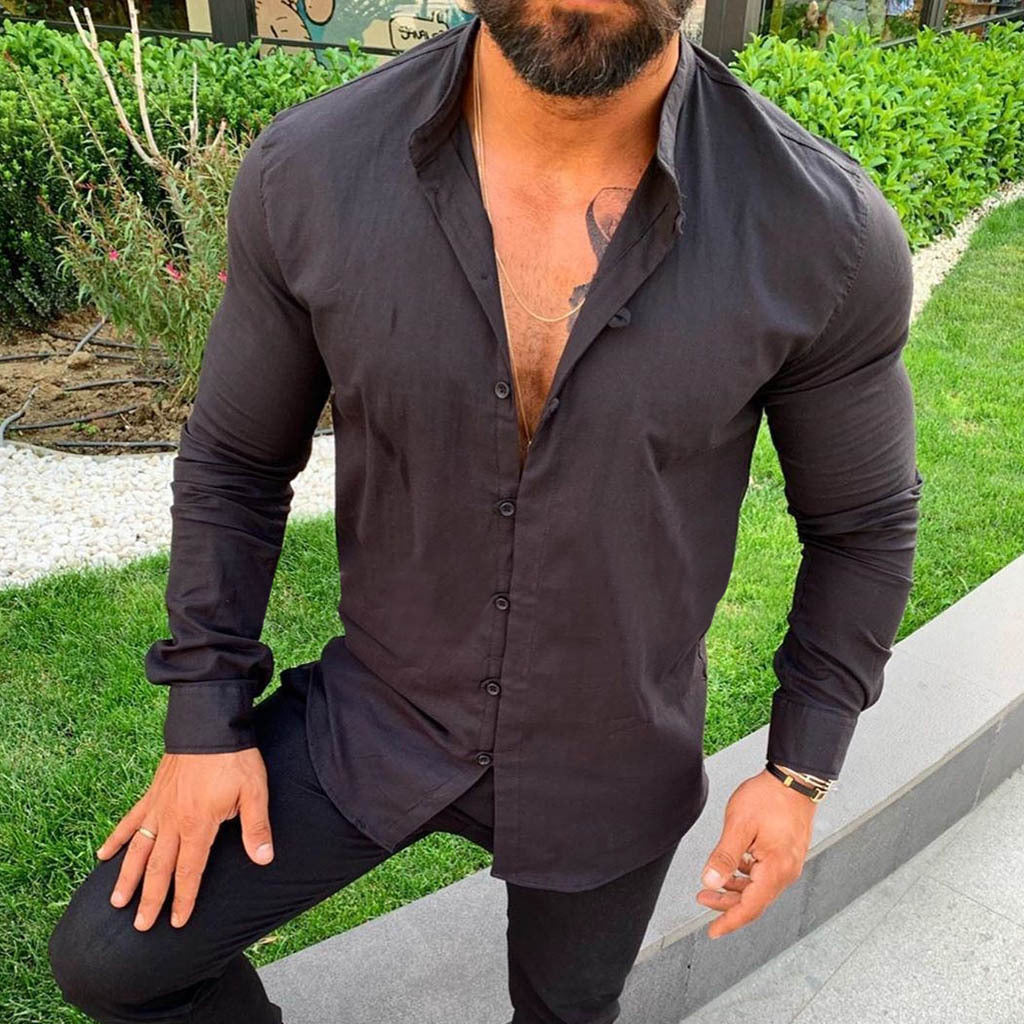 Men's casual cotton and linen round neck long sleeve shirt
