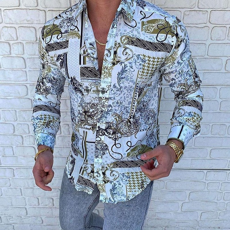 Men's Printed Casual Slim Long Sleeved Shirt