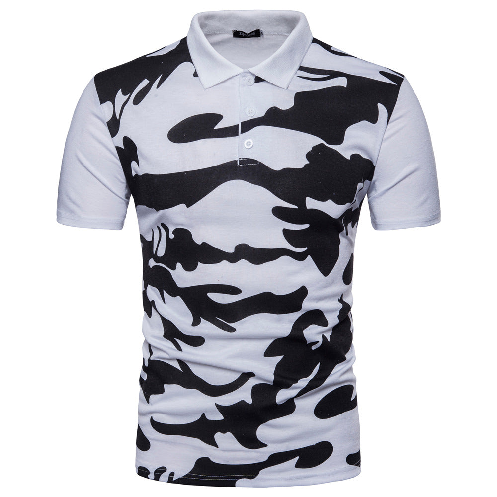 Men's Large SizeColor Camouflage Printing Stitching Slim Fit Business Casual Lapel Collar Polo Shirts Golf Shirt
