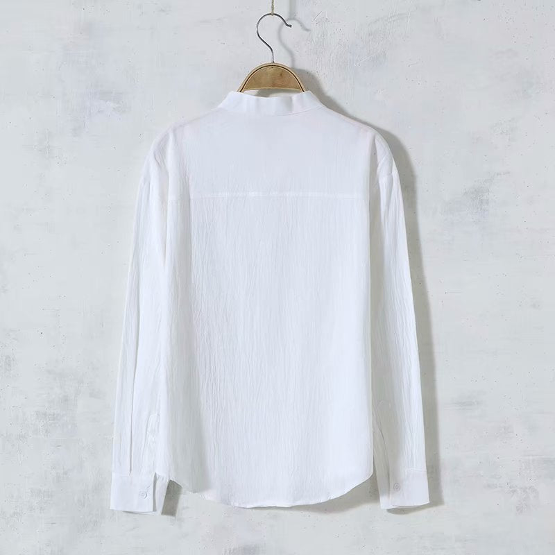 Men's solid color cotton and linen long-sleeved shirt