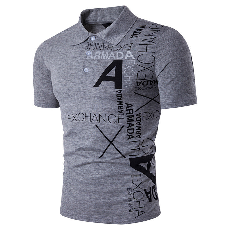 Men's Large Size Letter Printing Slim Fit Business Casual Lapel Collar Polo Shirts Golf Shirt