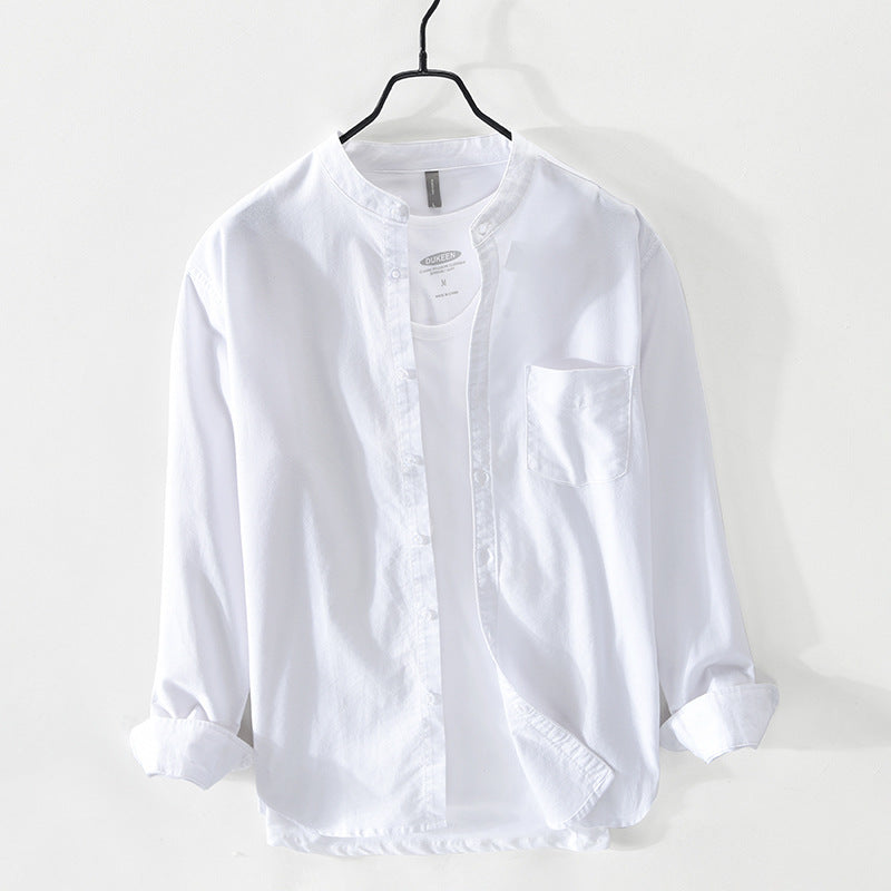Men's linen shirt fashion stand-up collar solid color simple youth long-sleeved cotton shirt