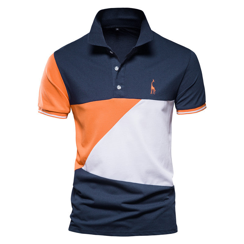 Men's Summer Color Patchwork EmbroiderySlim Fit Business Casual Lapel Collar Polo Shirts Golf Shirt