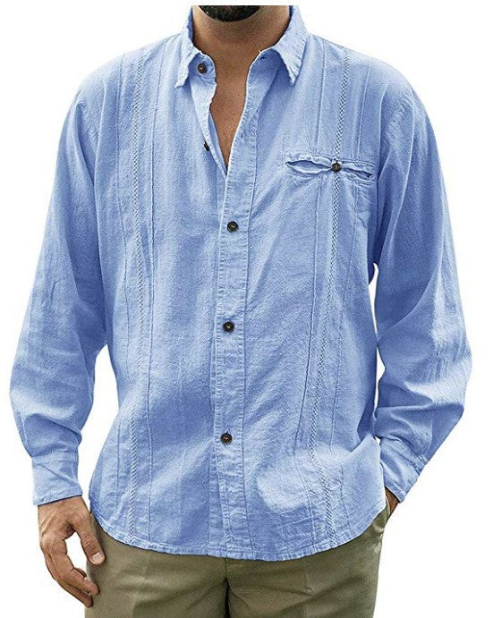 Men's solid color long-sleeved linen shirt lapel button cardigan shirt