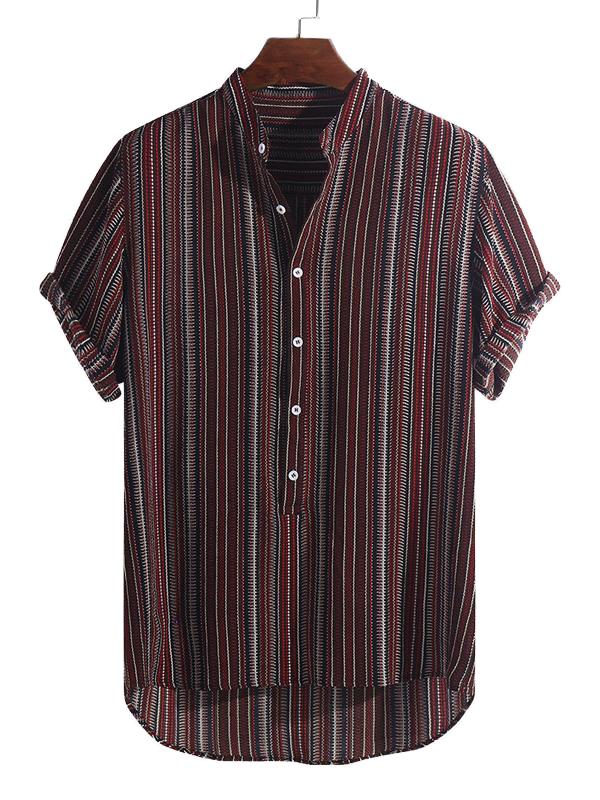 Men Short Sleeves Striped Stand Collar Shirt