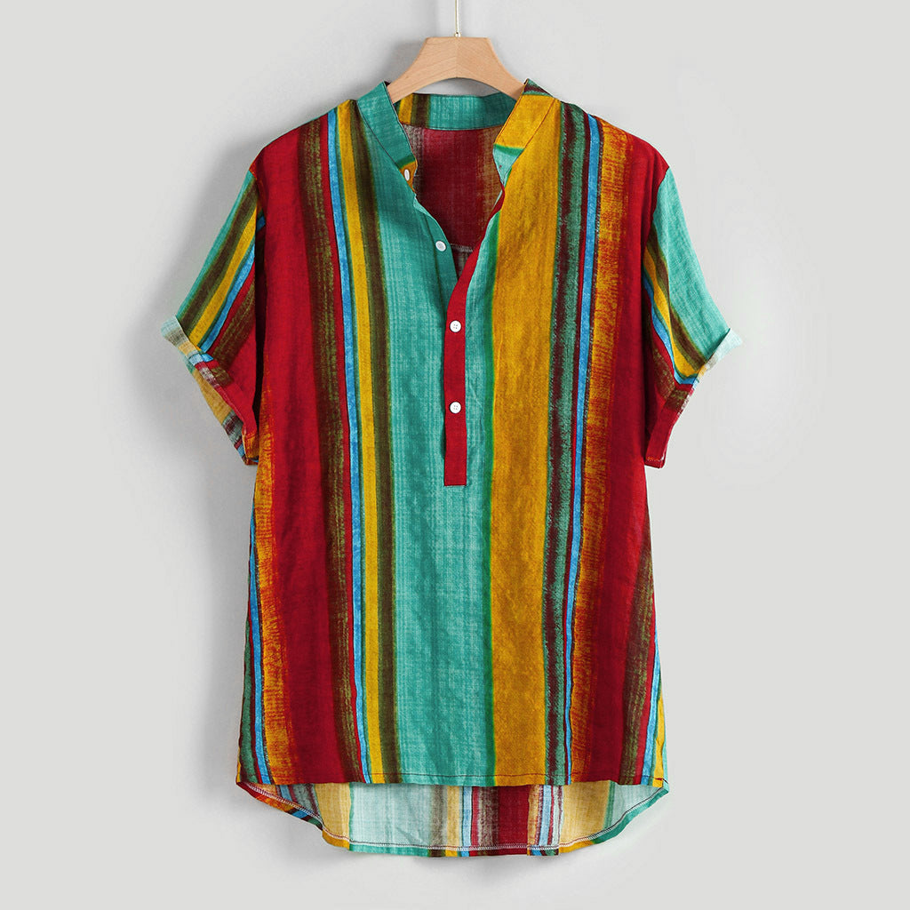 Men's stand-up collar cotton and linen printed short-sleeved shirt top