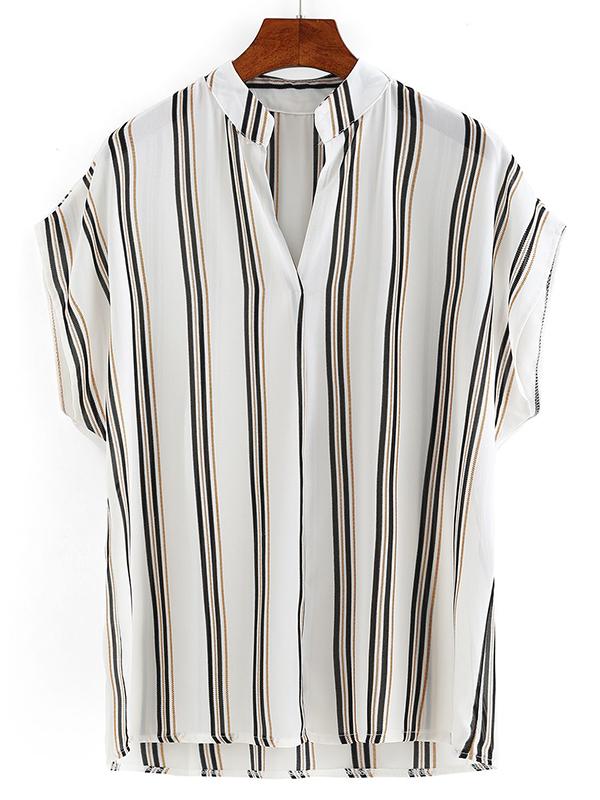Men Striped Short Sleeves Stand Collar Shirt