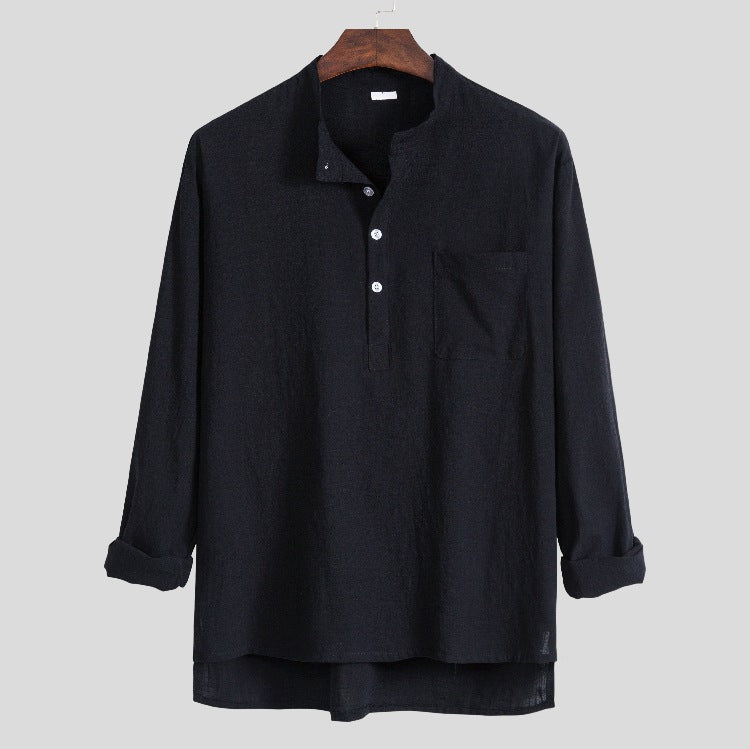 Men's solid color cotton, linen and linen long-sleeved shirt