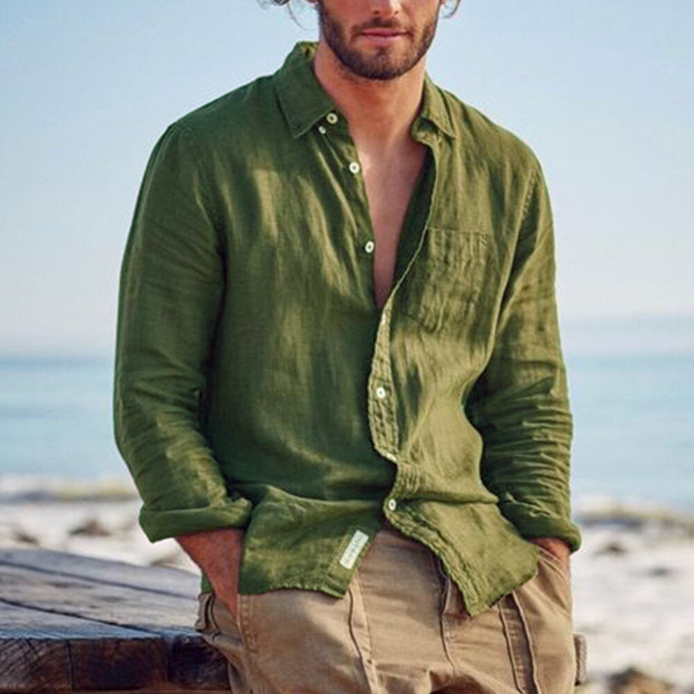 Men's solid color cotton and linen shirts Casual fashion retro long-sleeved shirts Linen shirts