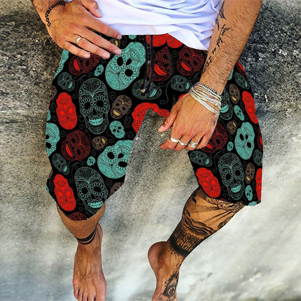 Colorful Skull Print Shorts Beach Pants
