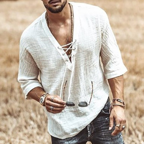 Men's Plain V-Neck Casual Loose Spring Shirt