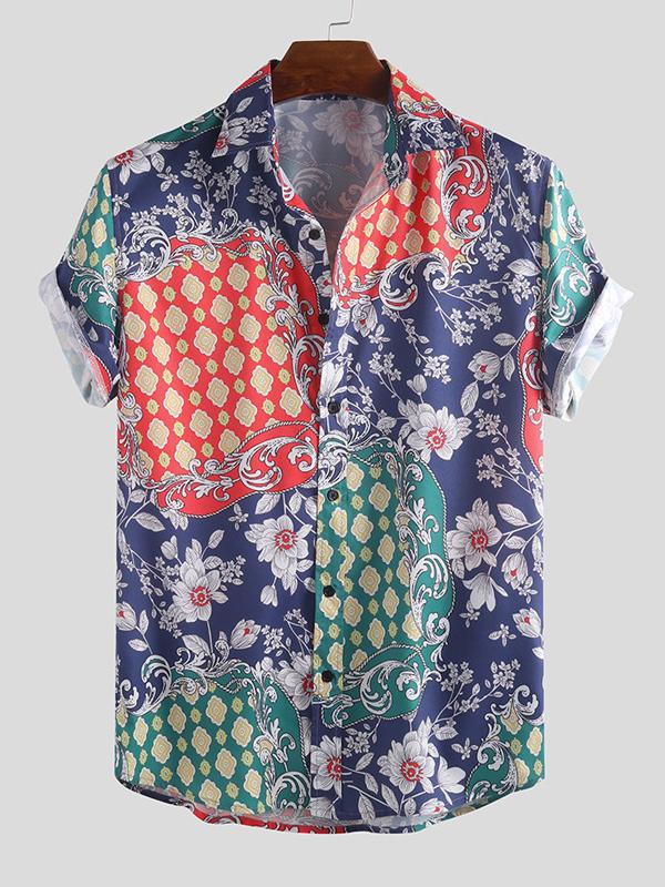 Men Ethnic Printed Short Sleeves Lapel Shirt
