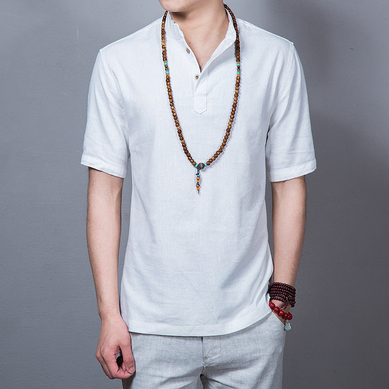 Men's short-sleeved casual stand-collar linen shirt