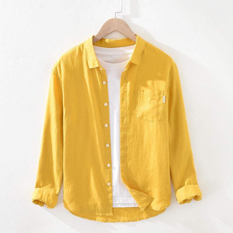 Pure color linen shirt youth loose square collar pocket linen shirt