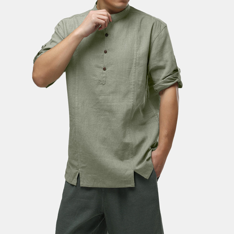 Mens 100% Cotton National Style Three-quarter Sleeve Plain Loose Henley Shirts