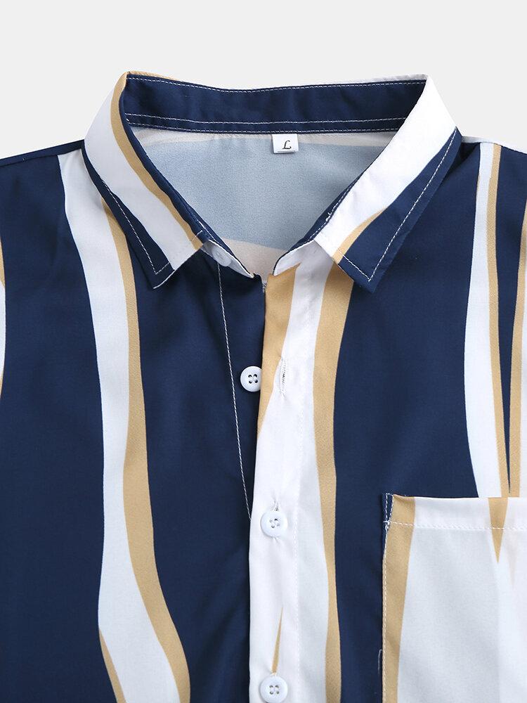 Men Short Sleeves Lapel Striped Pocket Shirt