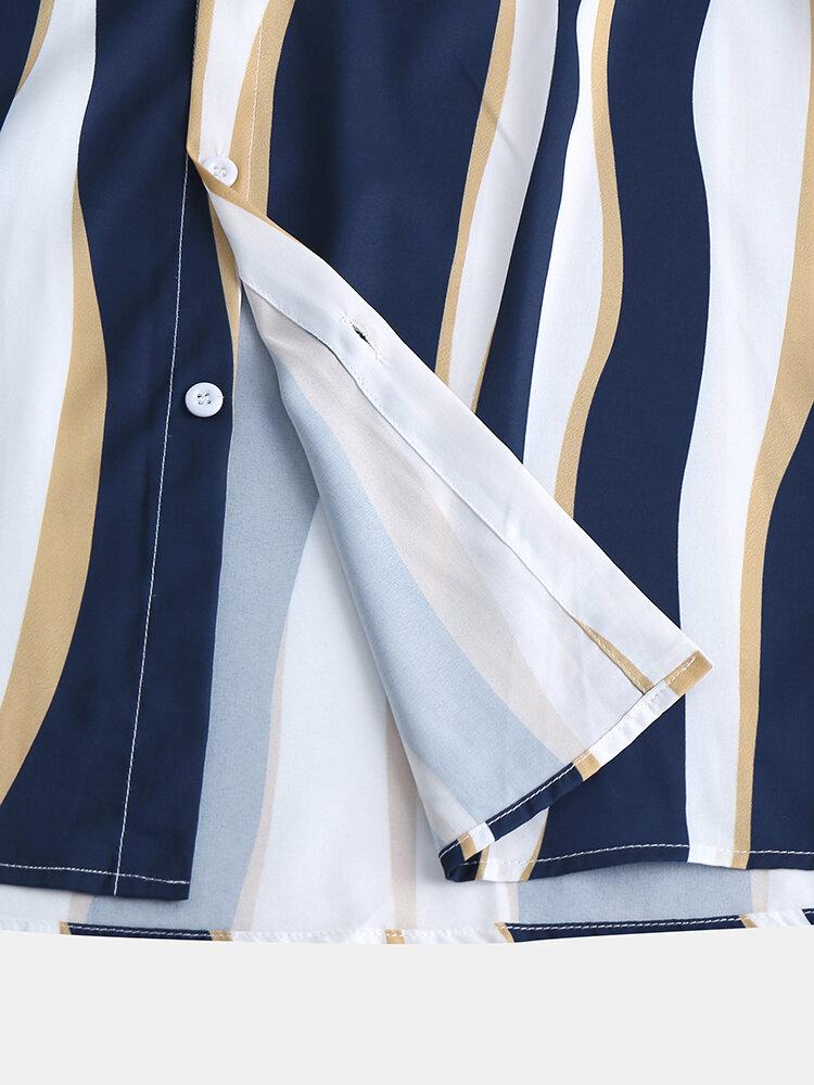 Men Short Sleeves Lapel Striped Pocket Shirt