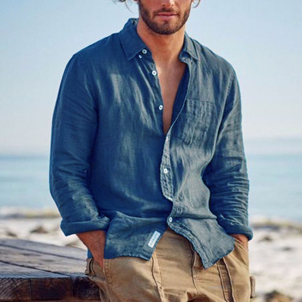 Men's solid color cotton and linen shirts Casual fashion retro long-sleeved shirts Linen shirts