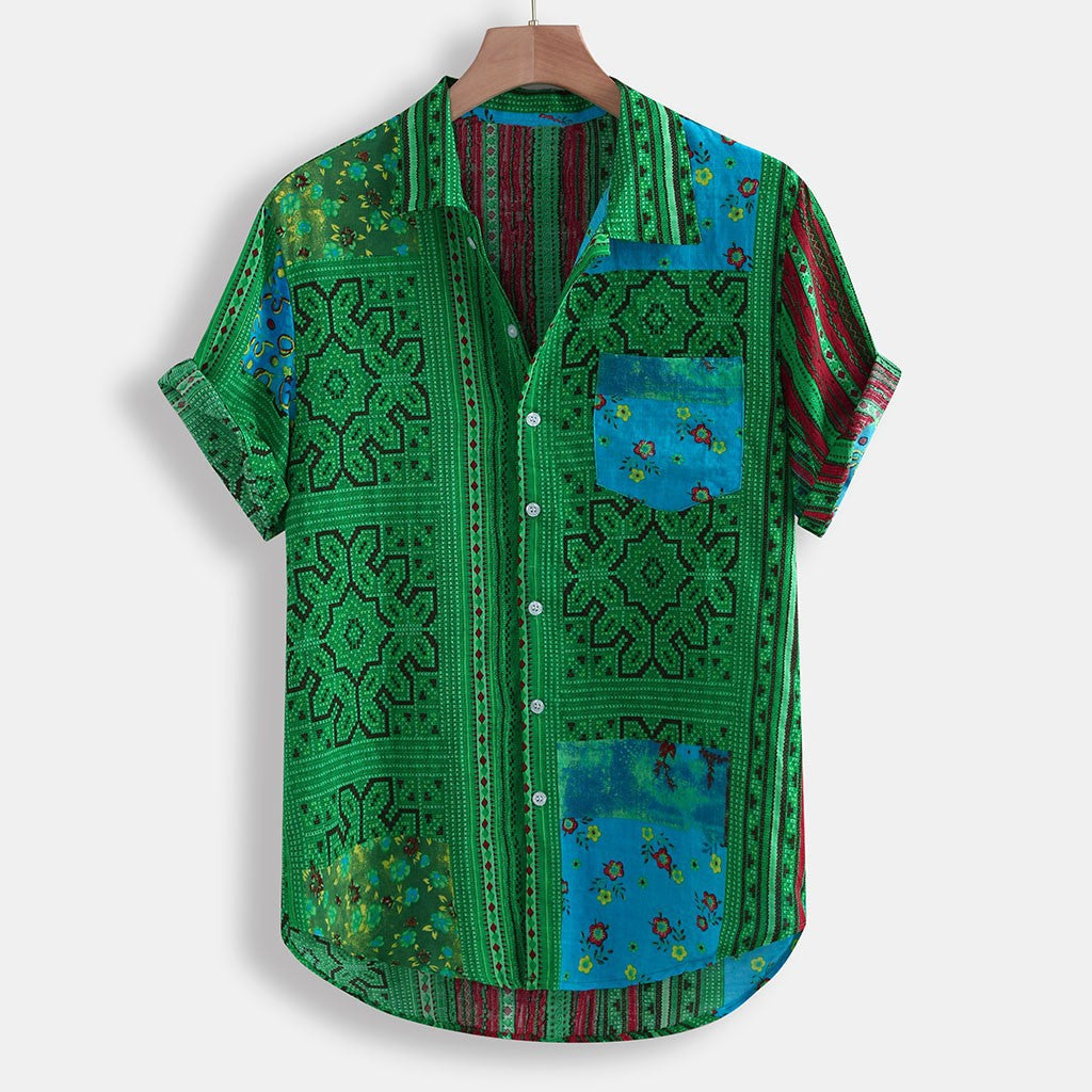 2021 new men's printed short-sleeved holiday style seaside shirt men's large size loose beach shirt