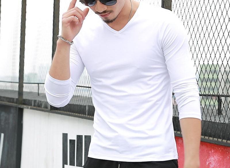 Men's Solid color V-neck Long-Sleeve Premium Casual T-Shirt