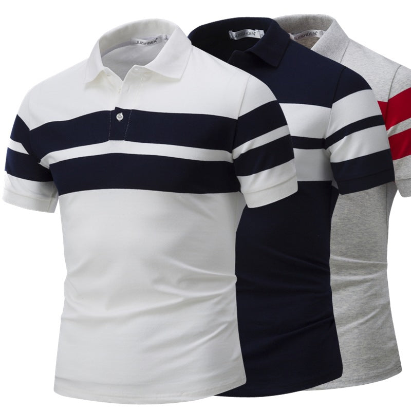 Men's Summer Stripe Color Patchwork Slim Fit Business Casual Polo Shirts