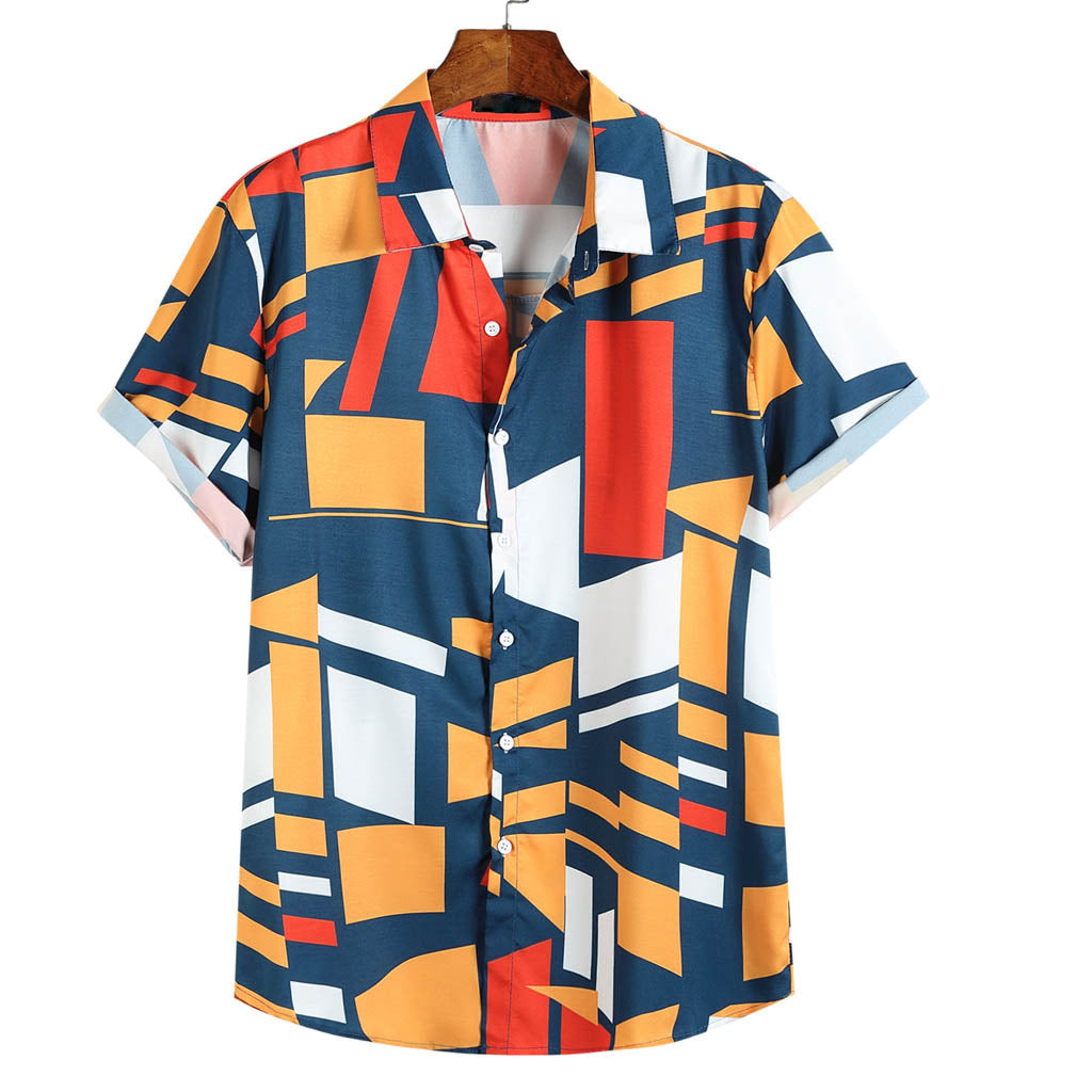 2021 men's printed short-sleeved holiday style seaside shirt men's plus size loose beach shirt
