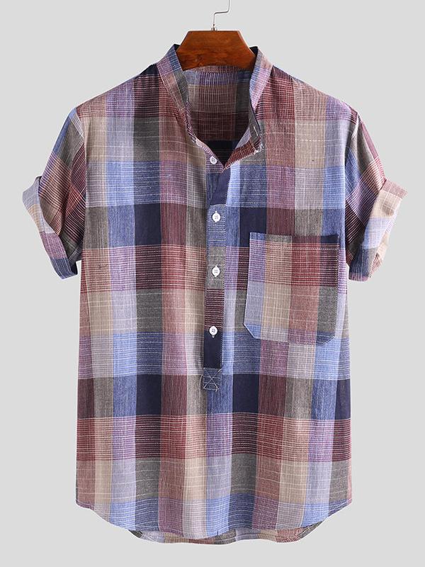 Men Plaid Retro Style Short Sleeves Shirt