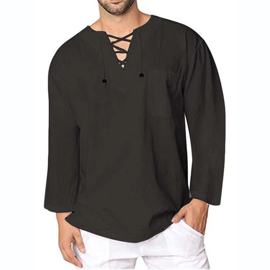 Men's Plain Lace-Up Casual Loose Spring Shirt