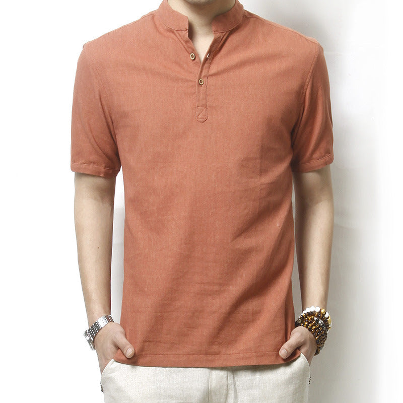 Men's short-sleeved casual stand-collar linen shirt