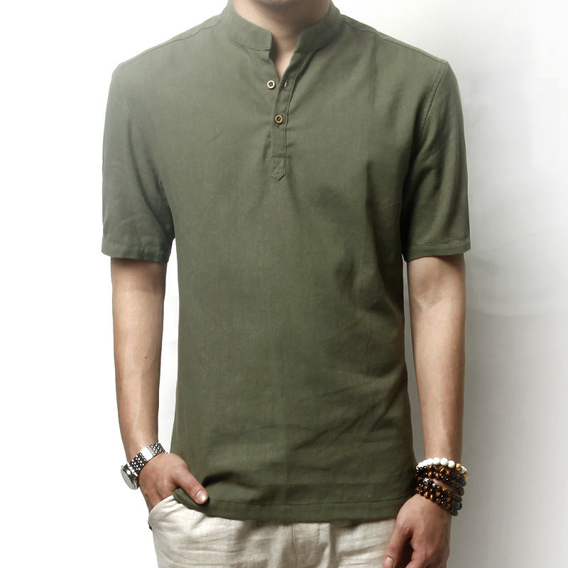 Men's short-sleeved casual stand-collar linen shirt