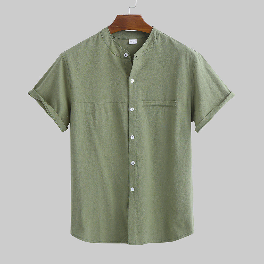 Men's cotton and linen stand-collar short-sleeved shirt