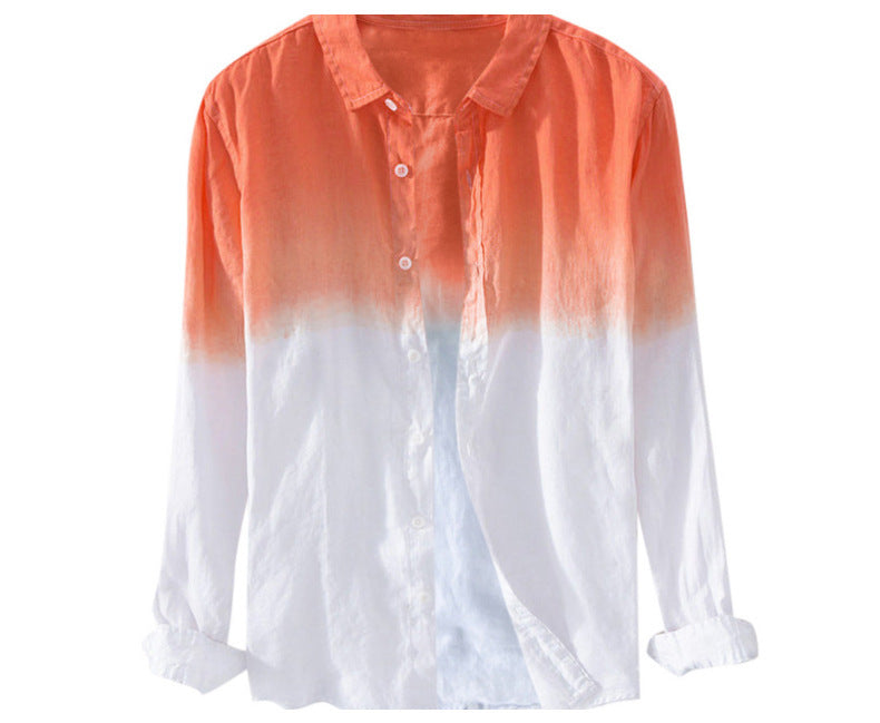 Men's casual gradient color cotton and linen long-sleeved shirt