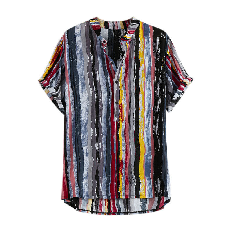 Men's stand-up collar cotton and linen printed short-sleeved shirt top
