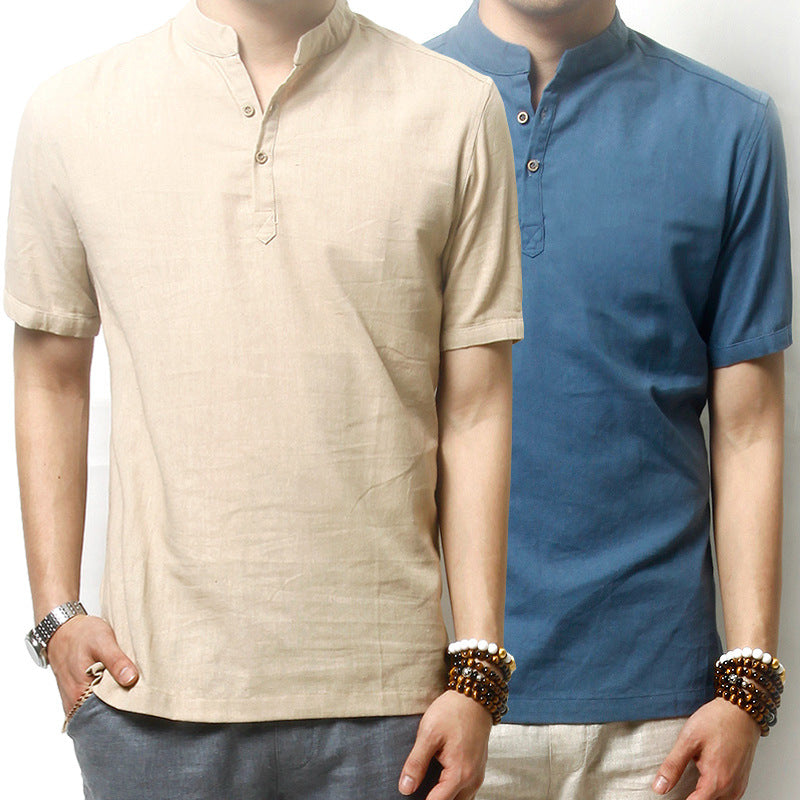Men's short-sleeved casual stand-collar linen shirt