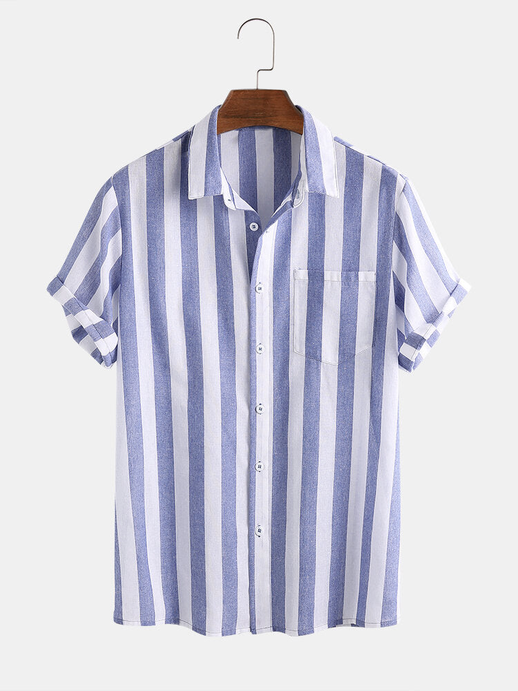 Mens Cotton Thin Light & Breathable Vertical Stripe Short Sleeve Shirt