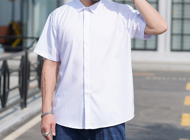 Men'sLoose Large Short Sleeve Shirt Fat Guy Summer Business Casual Thin Solid Color Shirt Fat Brother Plus Fat Inch Shirt