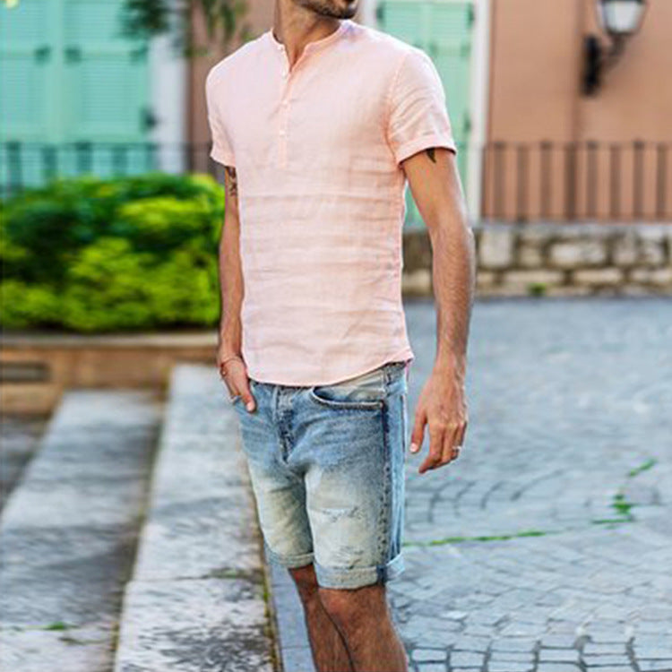 Men's Button Casual Plain Loose Short Sleeve T-shirt