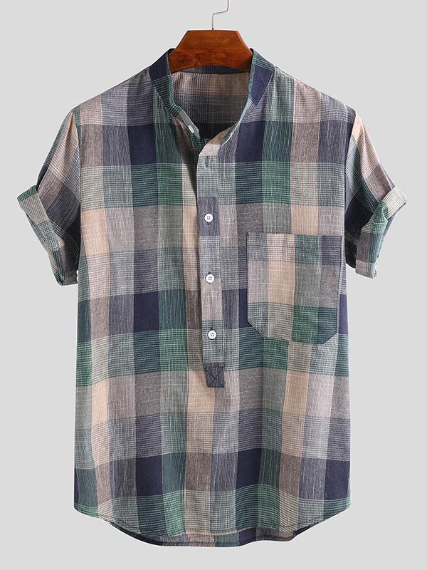 Men Plaid Retro Style Short Sleeves Shirt