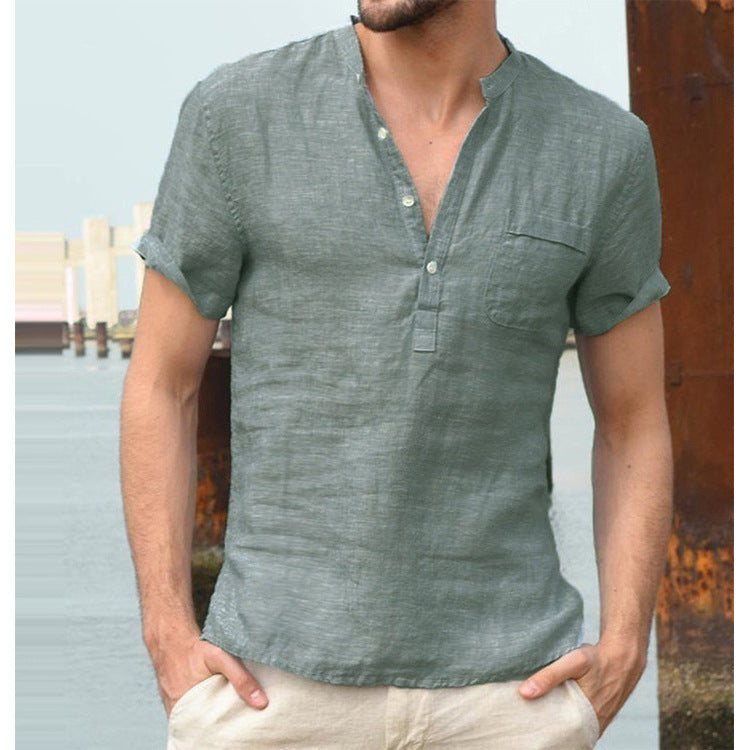 2021 summer new linen short-sleeved men's T-shirt stand-up collar buttoned half-fronted simple short-sleeved shirt