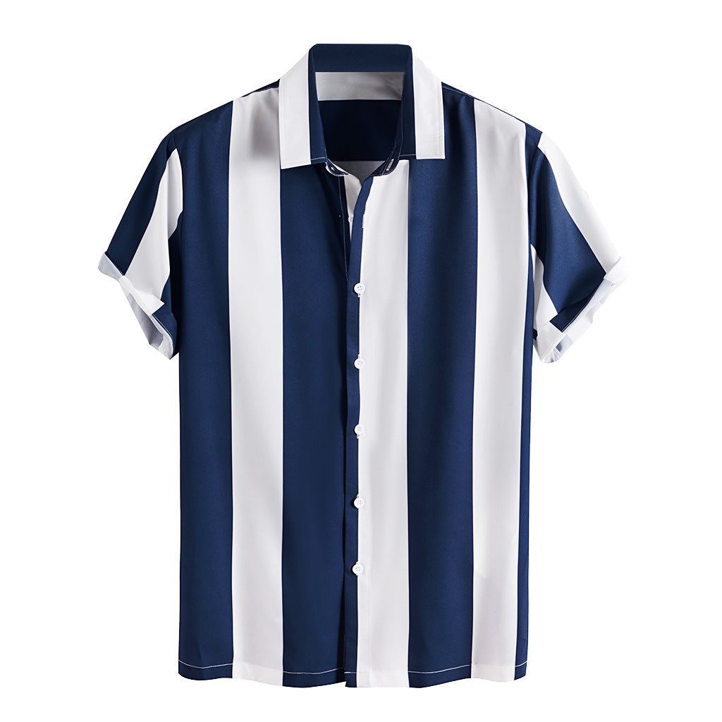 2021 new casual men's short-sleeved casual striped printed men's shirt