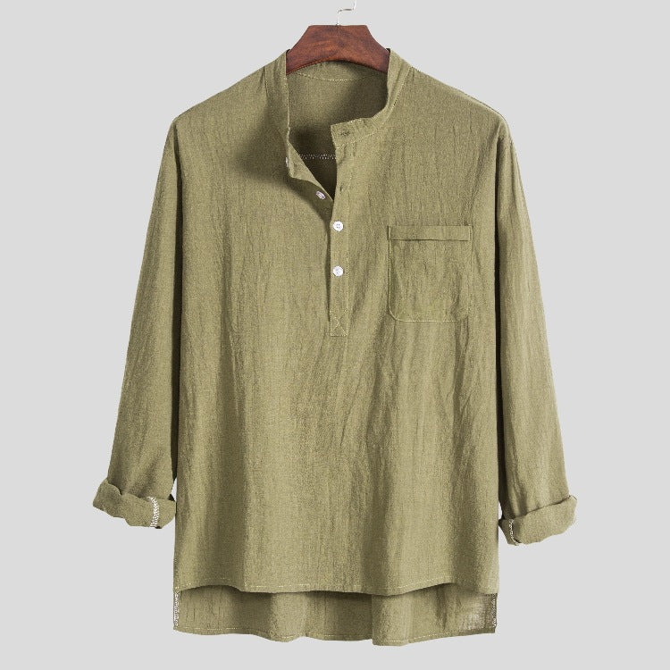 Men's solid color cotton, linen and linen long-sleeved shirt
