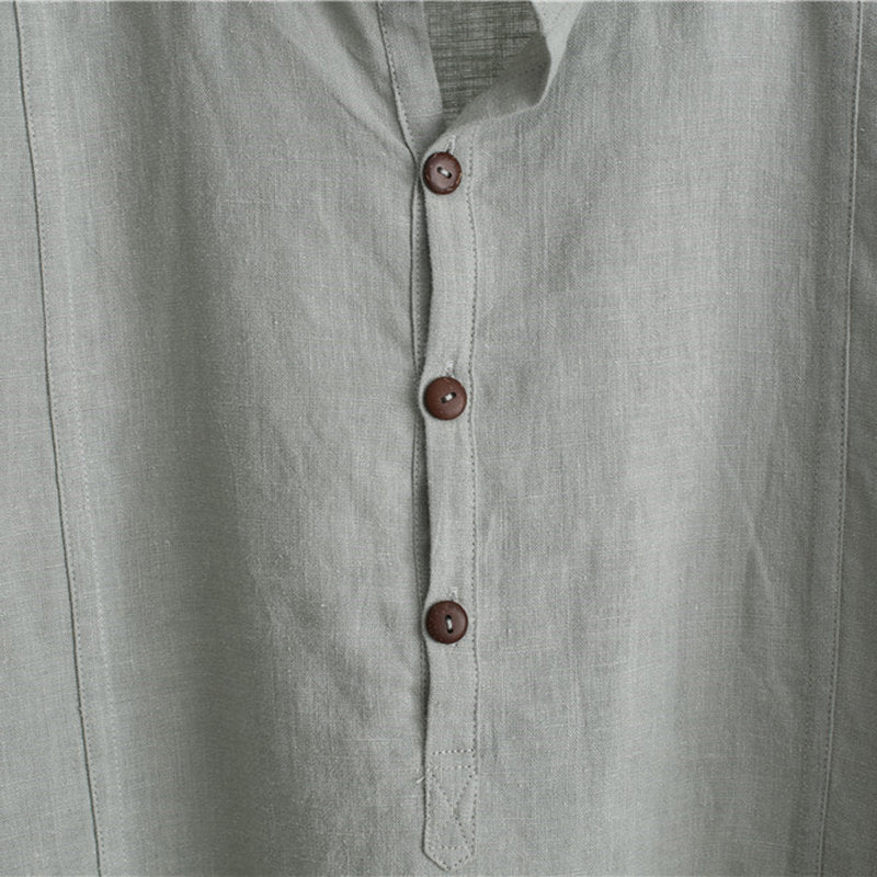 Mens 100% Cotton National Style Three-quarter Sleeve Plain Loose Henley Shirts