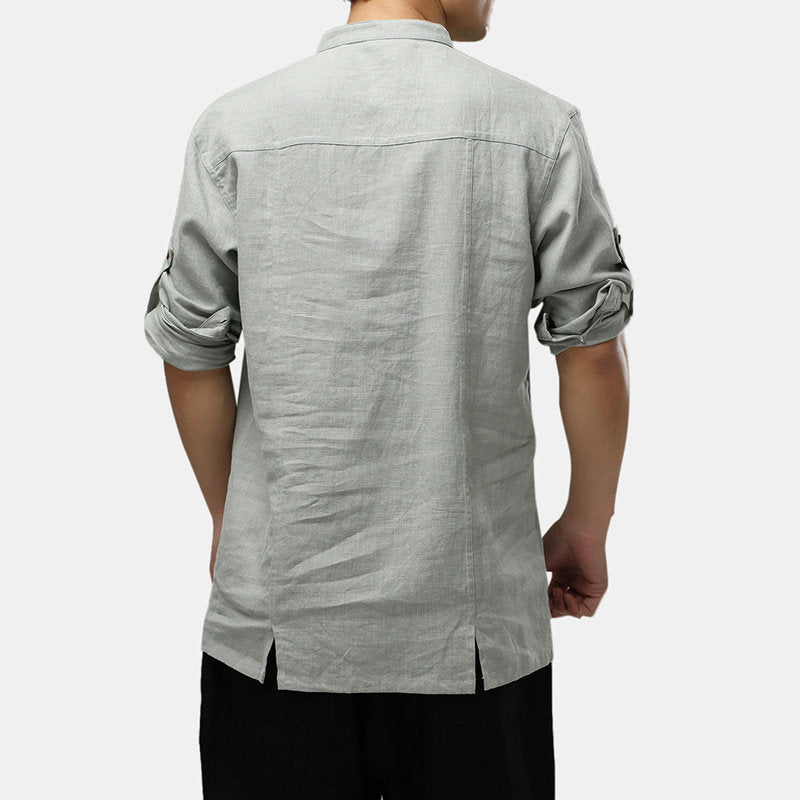 Mens 100% Cotton National Style Three-quarter Sleeve Plain Loose Henley Shirts