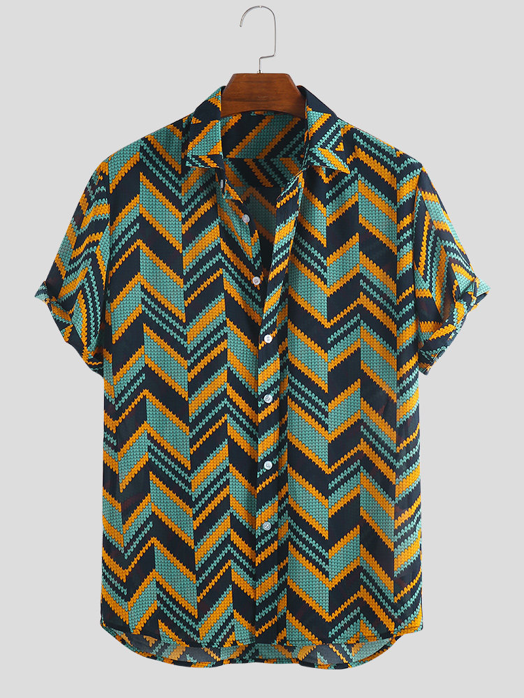 2021 new men's beach seaside wave striped men's short-sleeved shirt