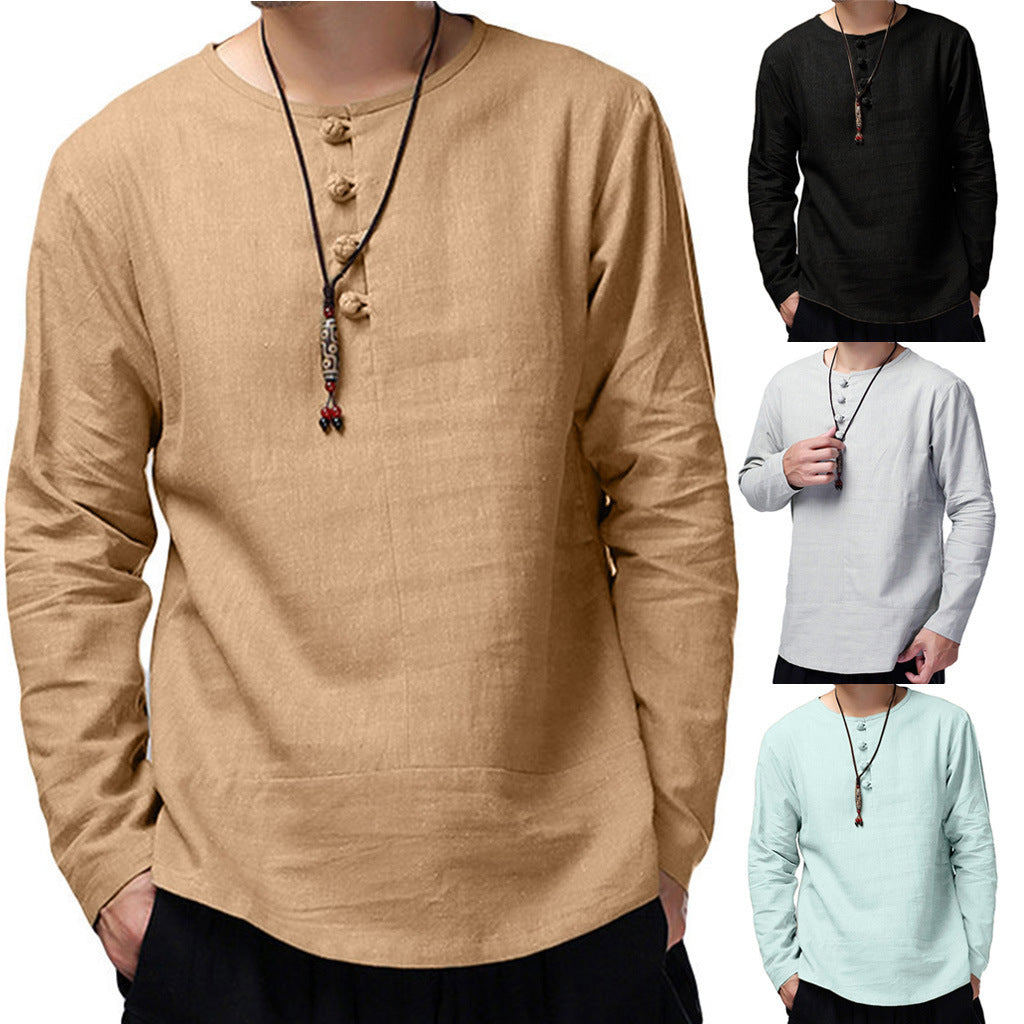 Men's casual cotton and linen long-sleeved T-shirt